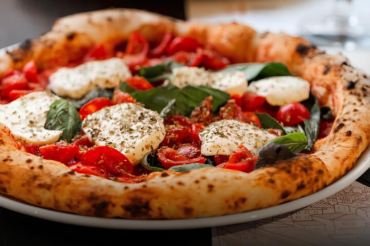 pizza margherita con pomodorini freschi, mozzarella di bufala, basilico e origano