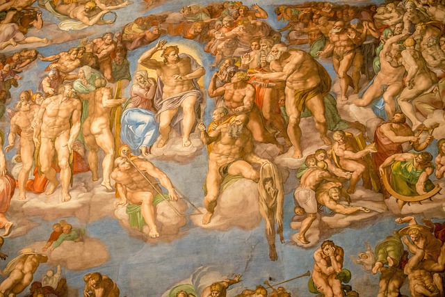 Alt text SEO: Detail of Michelangelo’s Last Judgment fresco in the Sistine Chapel, showing dynamic human figures and biblical scenes in vibrant colors.